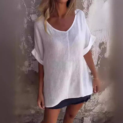 Oversized V-Neck Cotton & Linen T-Shirt