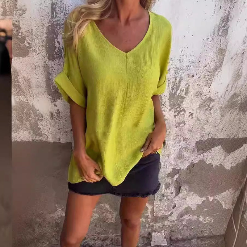 Oversized V-Neck Cotton & Linen T-Shirt
