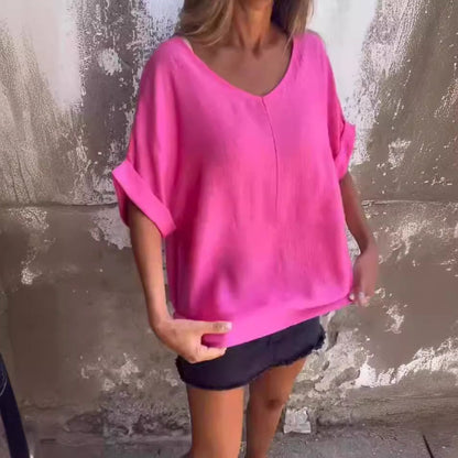 Oversized V-Neck Cotton & Linen T-Shirt