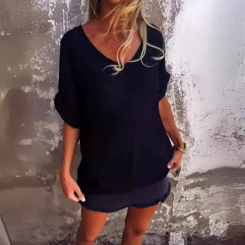 Oversized V-Neck Cotton & Linen T-Shirt
