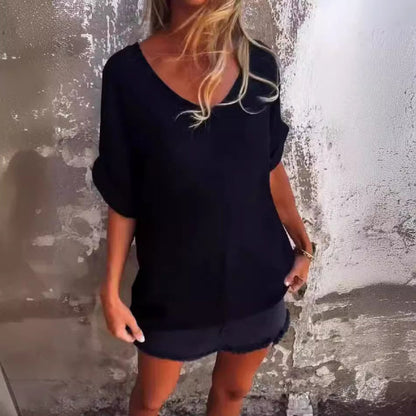 Oversized V-Neck Cotton & Linen T-Shirt