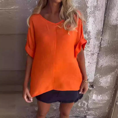 Oversized V-Neck Cotton & Linen T-Shirt